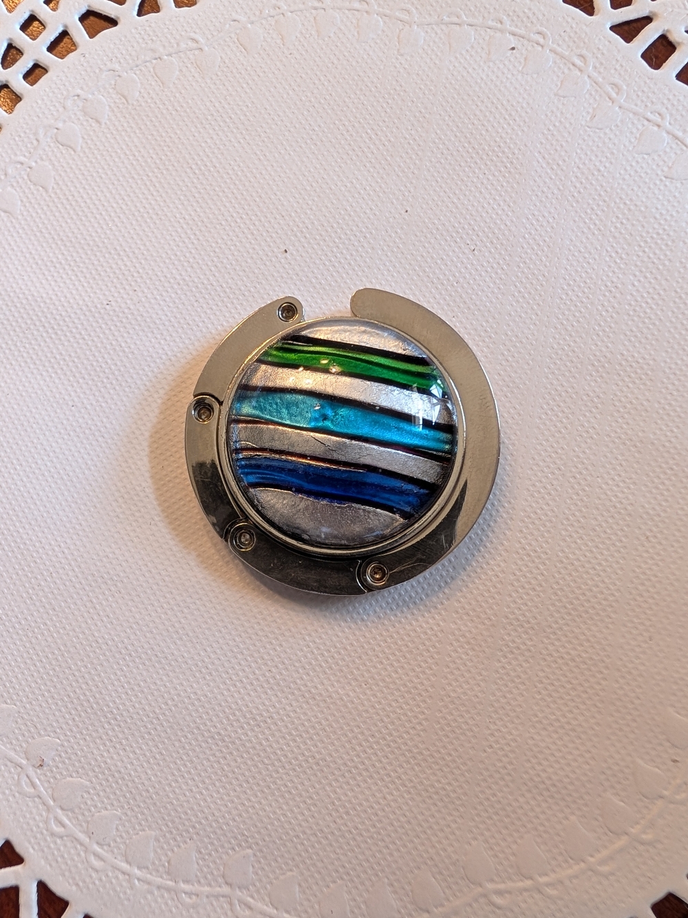 Foldable Purse Hanger with Blue and Green Striped Inlay